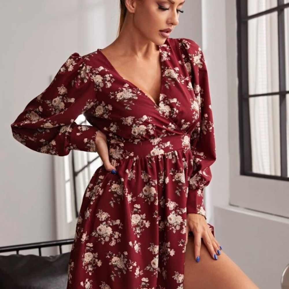 Long Sleeve Red Flower Dress